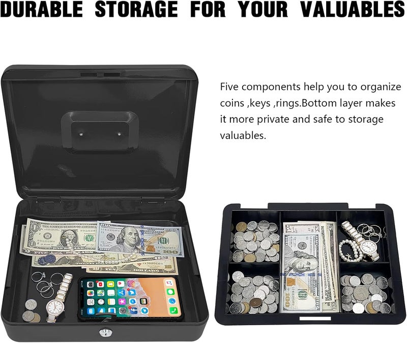 PACOLO Steel Cash Box with Key Lock, Metal Small Money Organizer with Money Tray,Cash Storage Box with Lockable Cover (Black - 12 inch) - Image 4